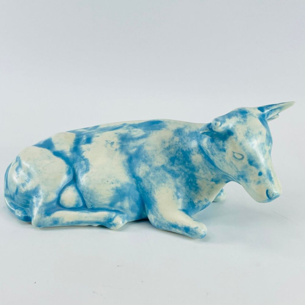 Holland Blue White Ceramic Nativity Ox Cow Figurine 7 Inch Vintage 1970s Creche